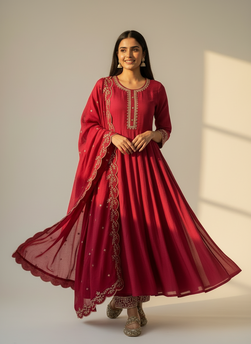 Deep pink kurti set with different pose