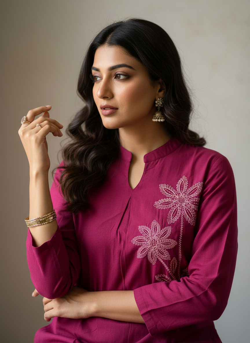 Magenta Kurti Close-up Different Pose