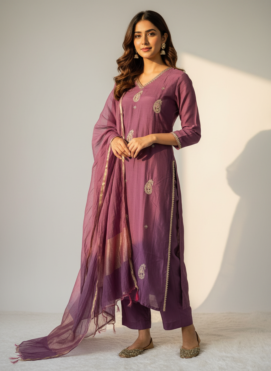 Mauve purple kurti set with side slits