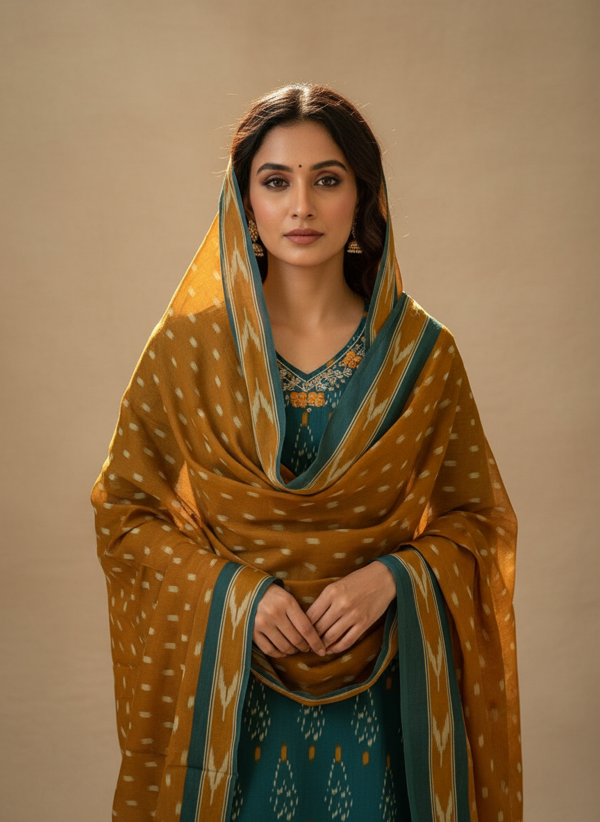 Portrait of model wearing teal kurti set