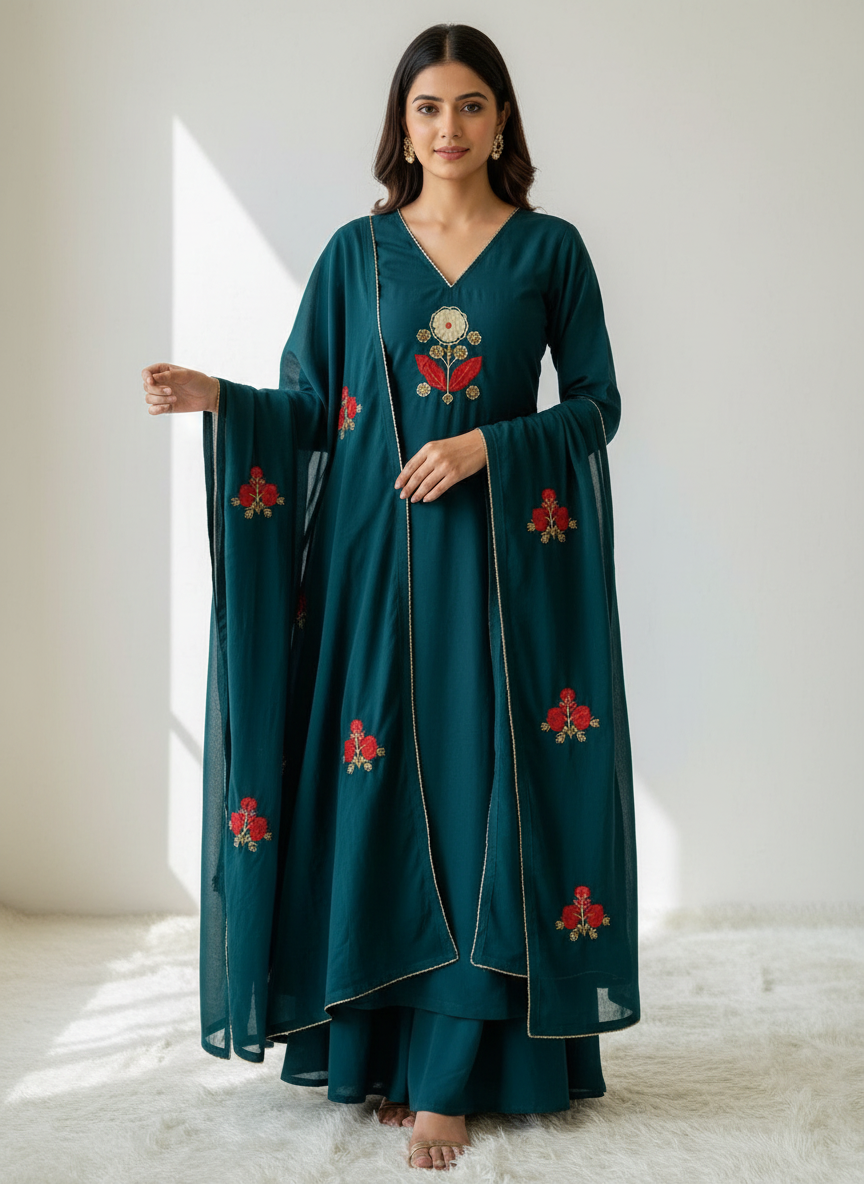 Portrait of young lady wearing teal embroidered kurti set