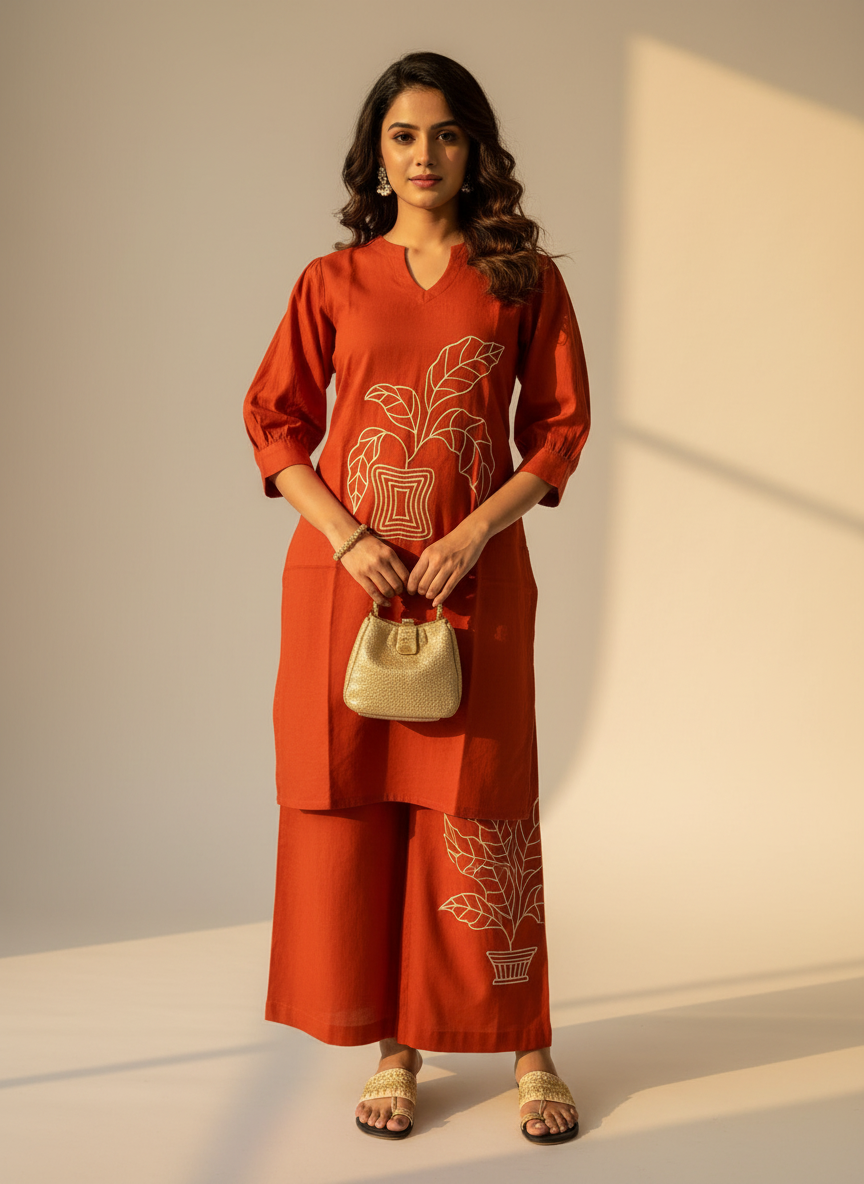 Rust orange kurti set with sunlight and purse