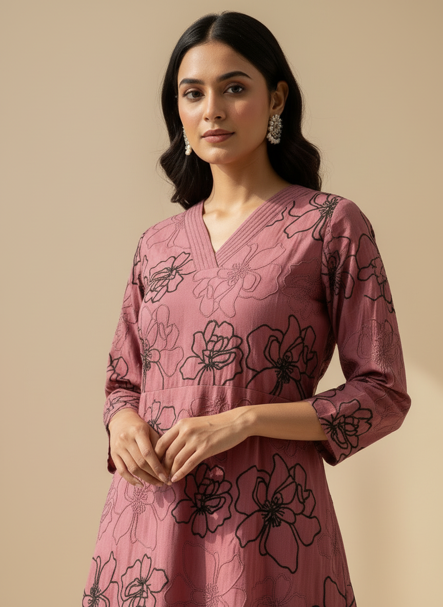 Stylish close-up of dusty pink kurti set with black floral embroidery
