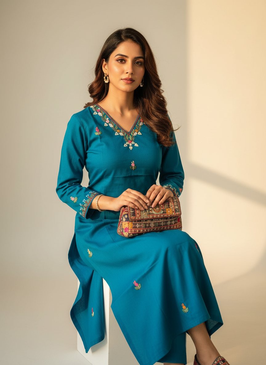 Turquoise kurti with sunlight and purse